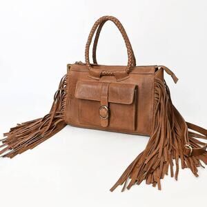 Tan Leather Fringe Braided Handles Western Satchel Purse Cowgirl Rodeo